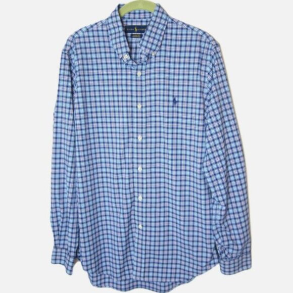 Polo Ralph Lauren Performance Wicking Classic Fit Dress Shirt M Blue Red Plaid - Picture 1 of 7